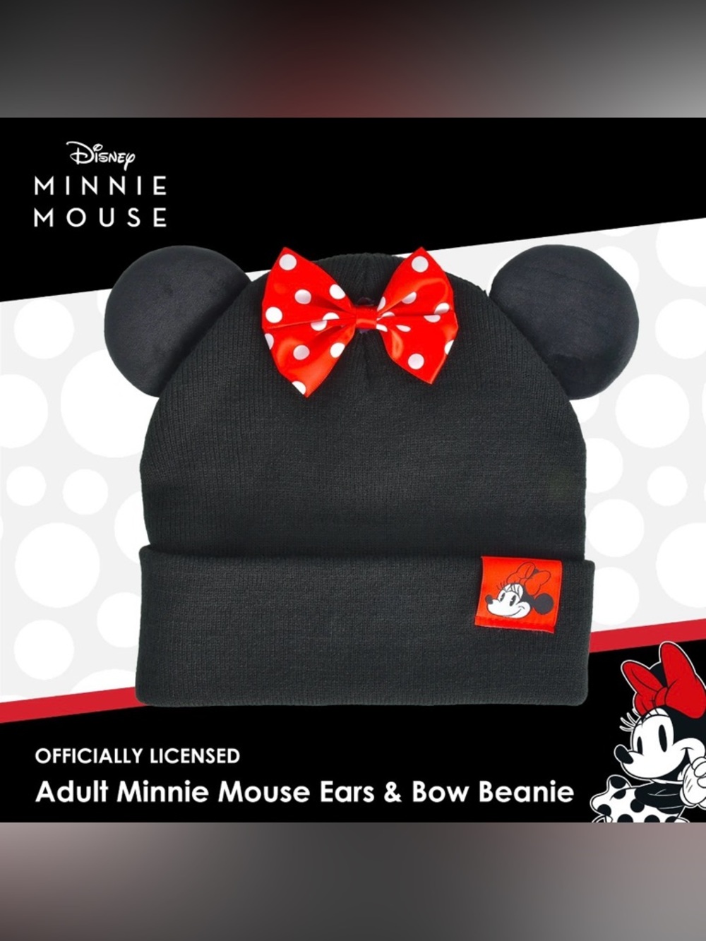 NWOT Disney Minnie Mouse Beanie with 3D Ears and Bow Black Red